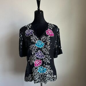 Vintage Stenay Women's Cut 100% Black Silk Floral Sequin Top V Neck Top Size L